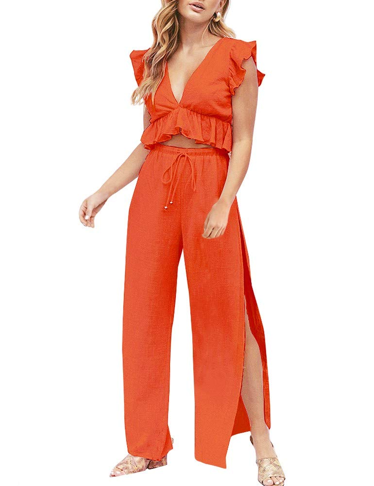 FANCYINN Womens 2 Pieces Crop Top Outfits Deep V Neck Side Slit Drawstring Wide Leg Pants Set Cute Jumpsuits Halloween Pumpkin Jackolantern Orange XS - Image 1